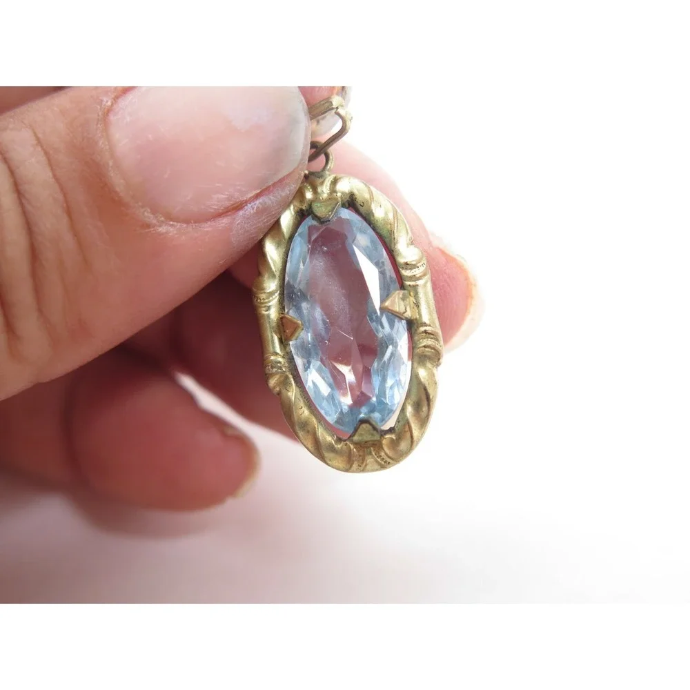 Stunning Vintage Old Art Deco Unfoiled Blue Glass Stone‎ Rhinestone Gold Pendant